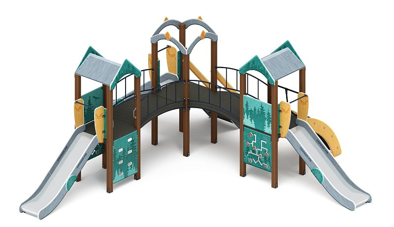 Городок (Тайга) - ДИК 2.01.3.03-33 - Игровой комплекс H=1200                                                                                                            Габариты (ШхДхВ): 6920x7700x3000                                                                                                                                                                     Зона безопасности, мм: 10420х11700                                                                                                                                                                                 Скат горки: H=1200 (металлический скат)