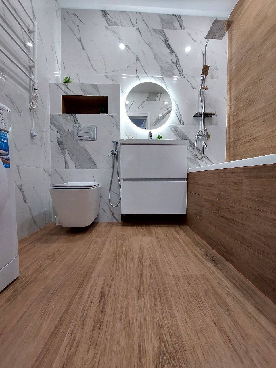 Ванная комната (ЖК Мечта, ул. Мансура Хасанова д. 13). Ремонт санузла, туалета, ванной под ключ в Казани. Укладка плитки