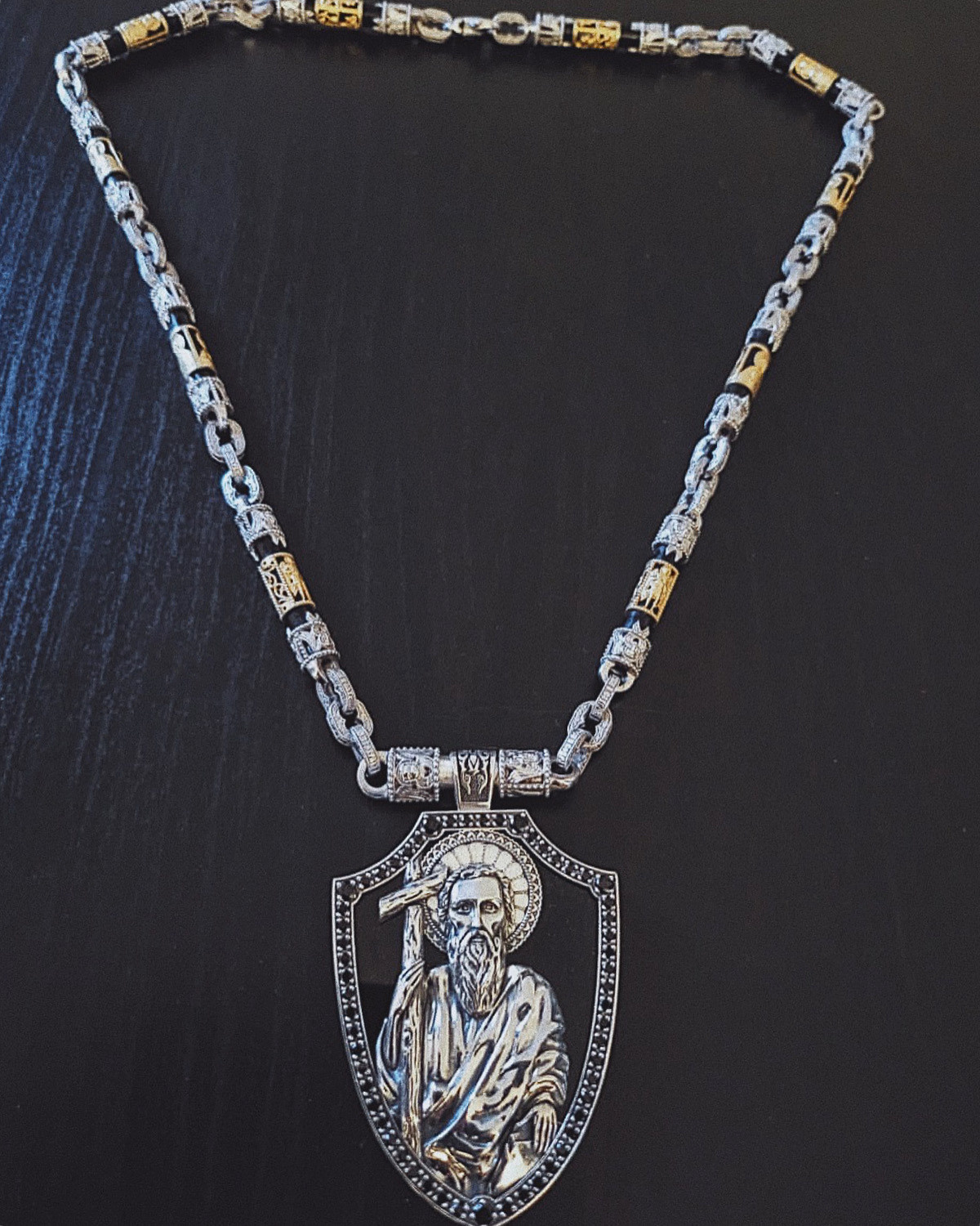 Подвеска с образом Андрея Первозванного и молитвой "Отче Наш" из серебра 925 пробы с черным агатом. 