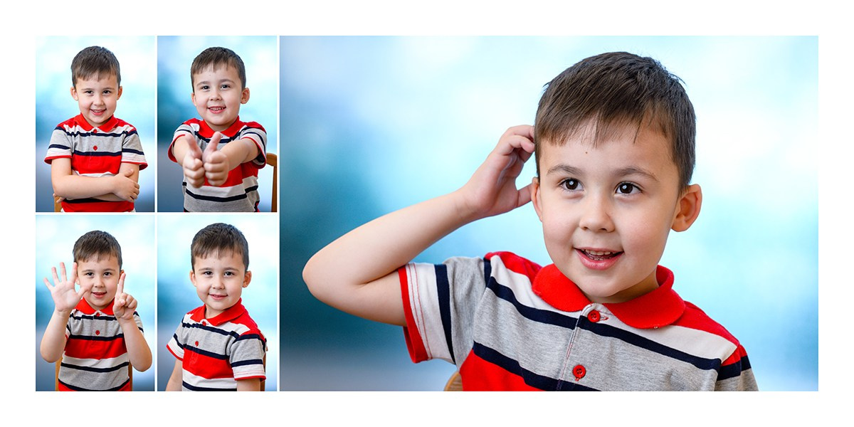 Страница выпускной фотокниги: серия портретов мальчика и крупный кадр с поднятой рукой.