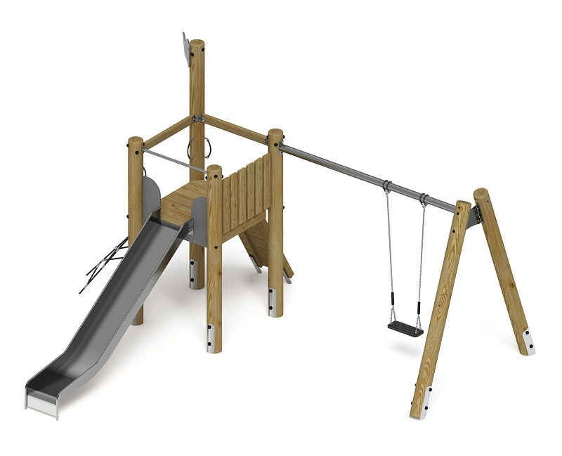 Игровой комплекс (лиственница орех) ДИК 2.24.03-Л.И1.02 Габариты (ШхДхВ): 4770х5300х3250 Зона безопасности, мм: 8900х6800 Высота падения 1400 мм. Возрастные ограничения от 5 до 12 лет.