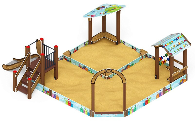 Песочный дворик с горкой (Коты) - ИО 6.01.05-03 H=750 Габариты (ШхДхВ): 5260x4800x2080 Зона безопасности, мм: 7760х6800