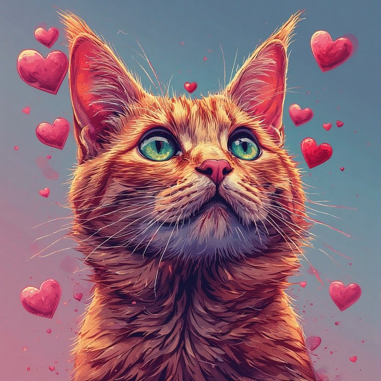 Cat with green eyes surrounded by love – romantic digital illustration of a ginger kitten on a blue background.