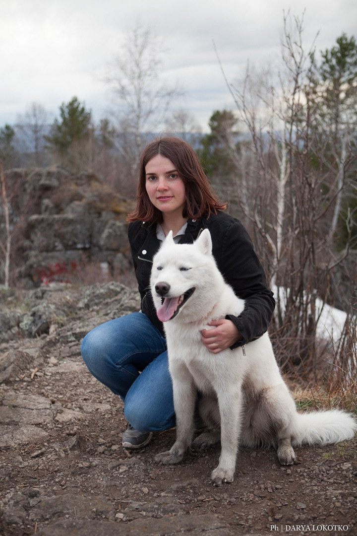 белая хаски и красивая девушка природа
