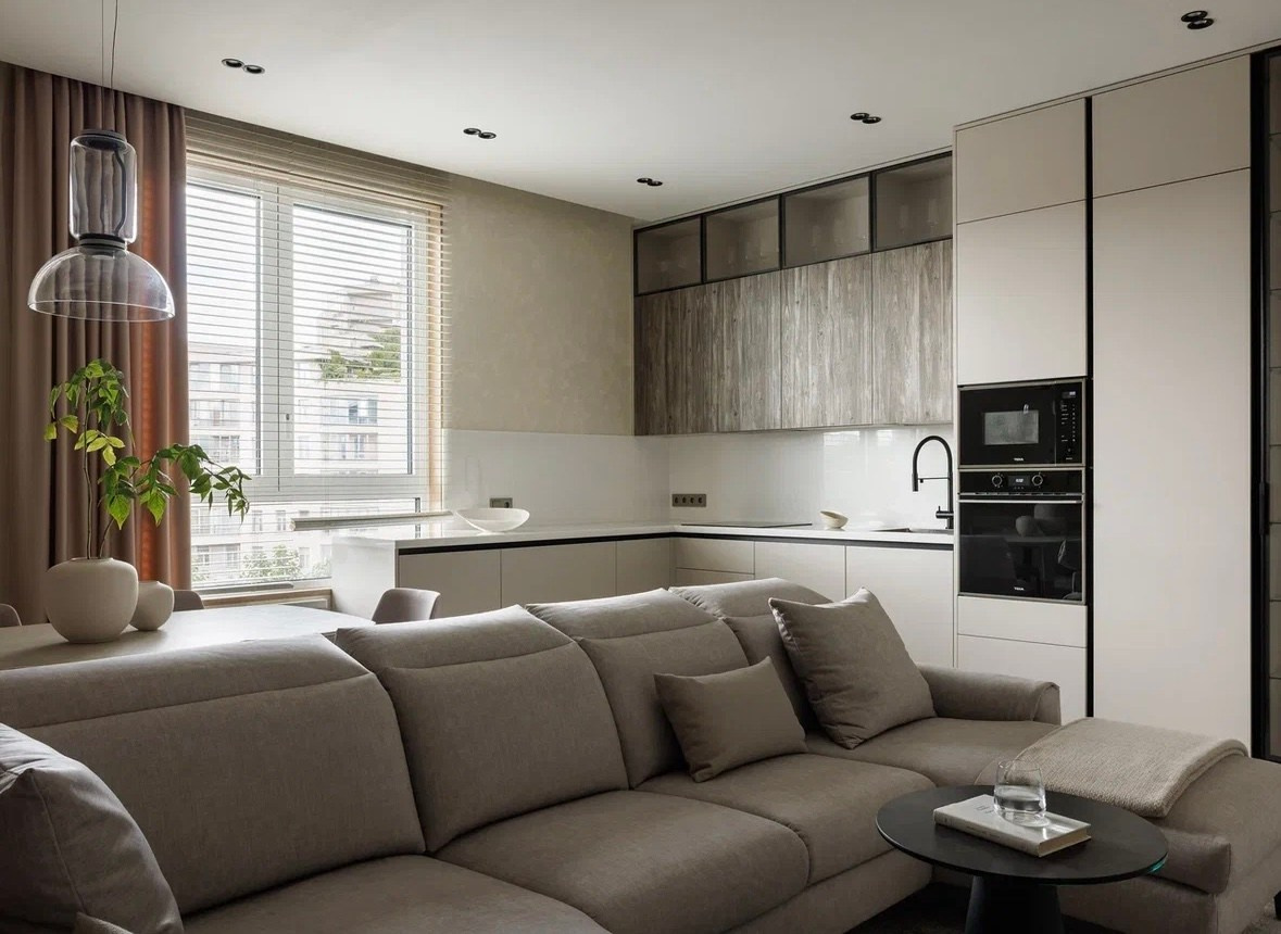 Квартира в нейтральных оттенках. Шторы на заказ в СПб. Выезд дизайнера, карнизы, жалюзи и рулонные шторы