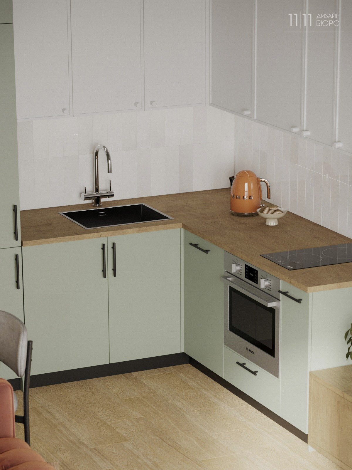 Интерьер маленькой угловой кухни, зеленая кухня с белым фартуком