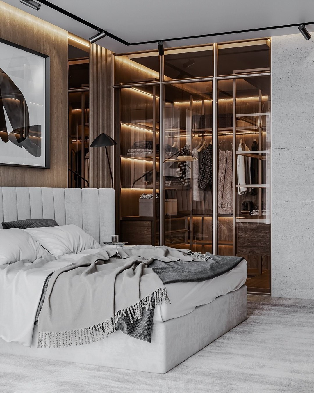 Спальня с гардеробной зоной за стеклянными дверцами и теплой подсветкой | Валерия Котович