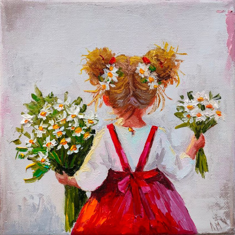 Купить картину маслом на холсте - Ребенок и цветы