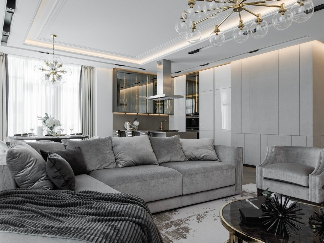 Кухня-гостиная с диваном и обеденной зоной у окна | Валерия Котович