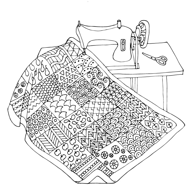 Раскраска для взрослых антистресс. Швейная машинка и одеяло пэтчворк. Детальная черно-белая иллюстрация с узорами, цветочными мандалами и орнаментами. Идеально для арт-терапии, медитации и снятия стресса. Заказать уникальную раскраску для взрослых, готовый файл для печати или оригинальный подарок для творческого человека.