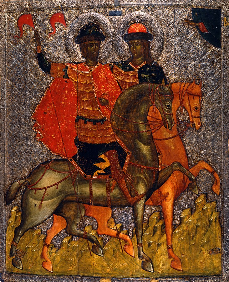 Борис и Глеб на конях. Храмовая икона в ц. Бориса и Глеба в Плотниках. 1370г.
