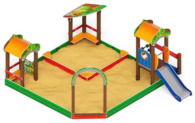 Песочный дворик с горкой Полянка - ИО 6.16.01-01 H=750 Габариты (ШхДхВ): 4660x5320x2380 Зона безопасности, мм: 6660х7820