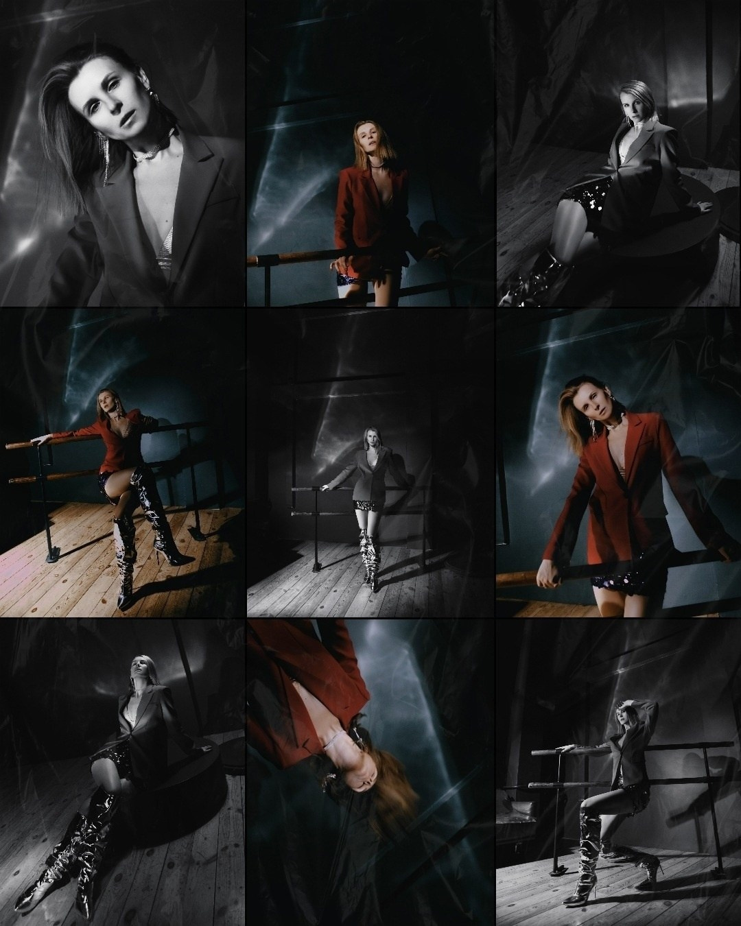 фотосессия девушки в красном пиджаке с гибким зеркалом