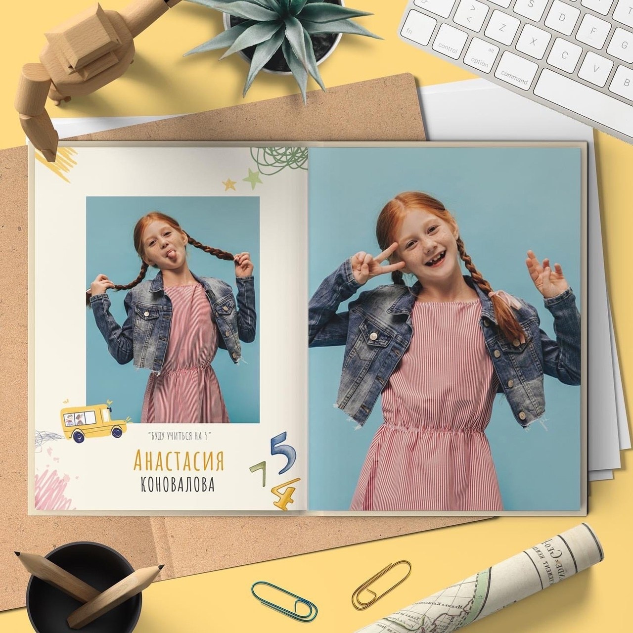 Выпускные альбомы в Липецке. Дизайн&nbsp;«Школьный автобус» 21×30 см&nbsp;и&nbsp;трюмо.&nbsp;&nbsp;