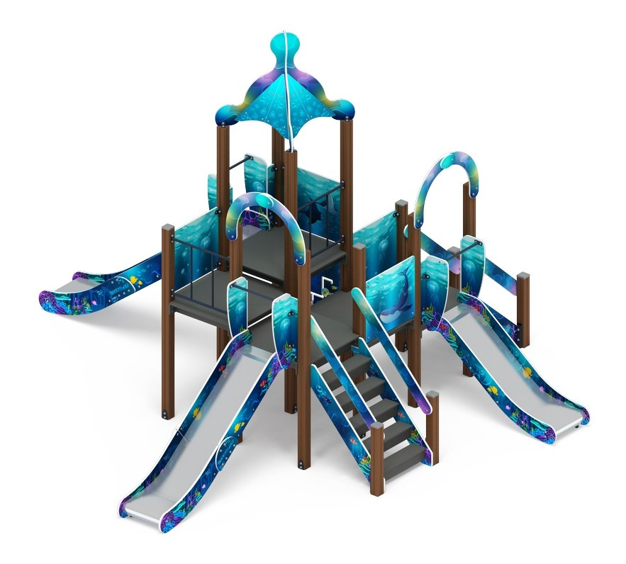 Морской - ДИК 2.17.04-01 - Игровой комплекс H=900 H=1200 H=1500                                                                                                                             Габариты (ШхДхВ): 5760x6080x4040                                                                                                                                                                Зона безопасности, мм: 9260х10080                                                                                                                                                                        Скат горки: H=900 (металлический скат) / H=1200 (металлический скат) / H=1500 (металлический скат)