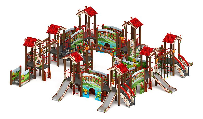 В гостях у сказки - ДИК 1.05.01-11.С - Игровой комплекс H=900                                                                                                                   Габариты (ШхДхВ): 11480x11420x2790                                                                                                                                                                        Зона безопасности, мм: 15480х15420                                                                                                                                                                      Скат горки: H=900 (металлический скат)