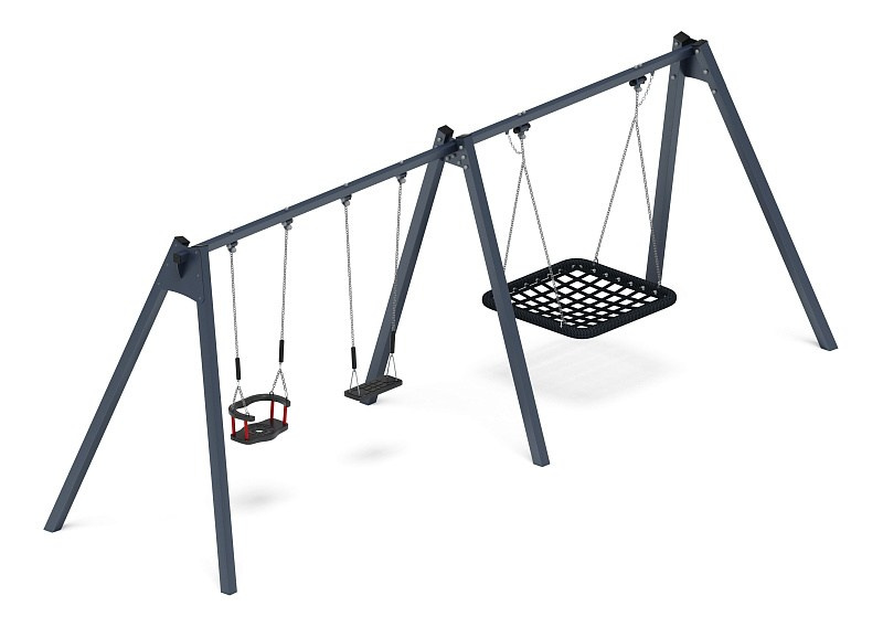 Качели М3 (графит) ИО 13.М.06.03.01.01-И1 Габариты (ШхДхВ): 5980х1630х2070 Зона безопасности, мм: 6000х7000 Возрастные ограничения от 3 лет, весом не более 70 кг