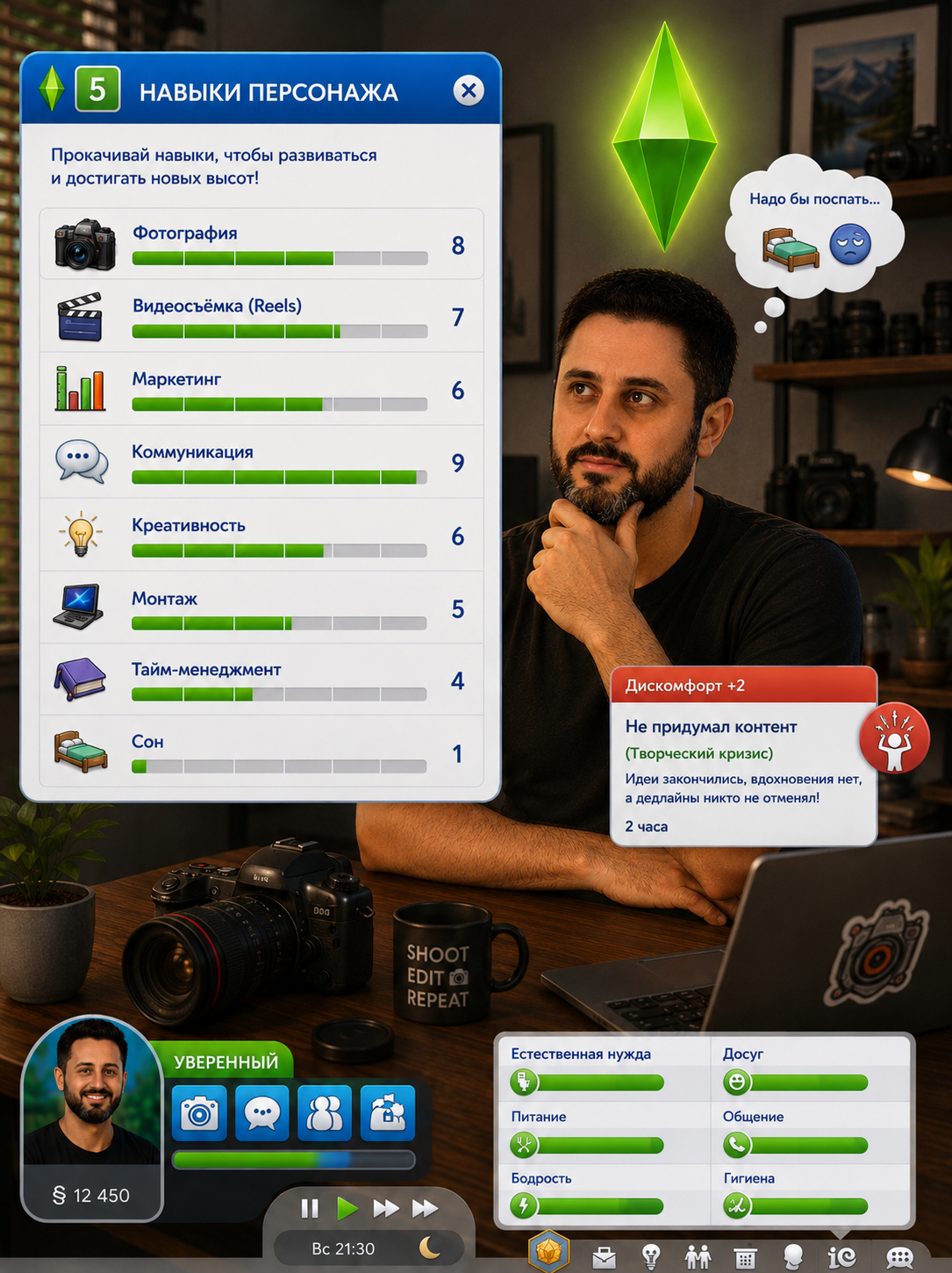 Экран навыков фотографа в стиле The Sims показывает развитие фотографии, видеосъемки, маркетинга и других умений.