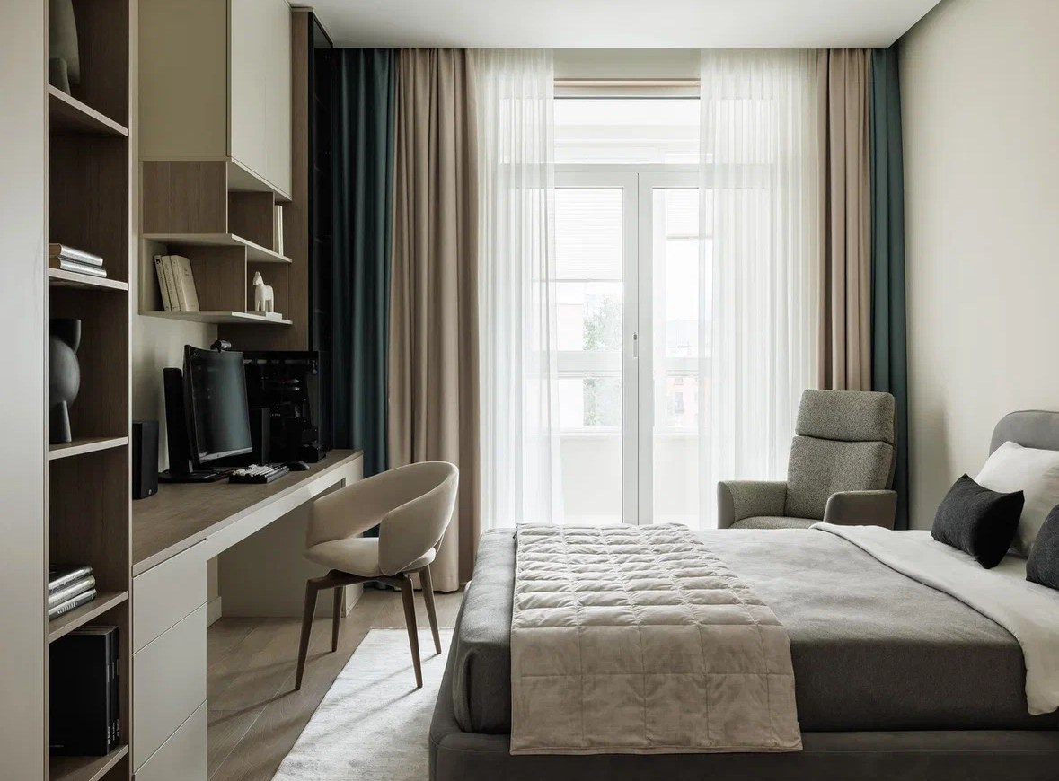 Квартира в нейтральных оттенках. Шторы на заказ в СПб. Выезд дизайнера, карнизы, жалюзи и рулонные шторы