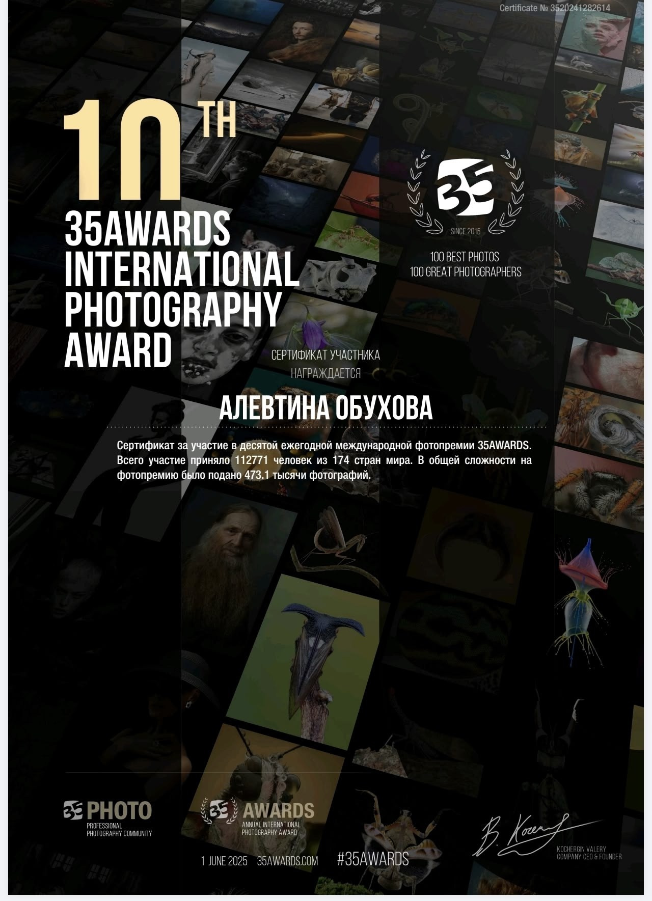 Сертификат. Фотограф Алевтина Обухова Константиновск