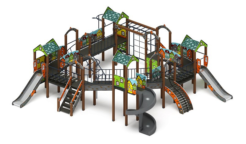 Остров детства (Город) - ДИК 2.01.8.02-01.И1 - Игровой комплекс H=1200 H=2000                                                                                               Габариты (ШхДхВ): 9570x9770x4000                                                                                                                                                                   Зона безопасности, мм: 13070х13270                                                                                                                                                                     Скат горки: H=1200 (металлический скат) / H=2000 (винтовой скат)