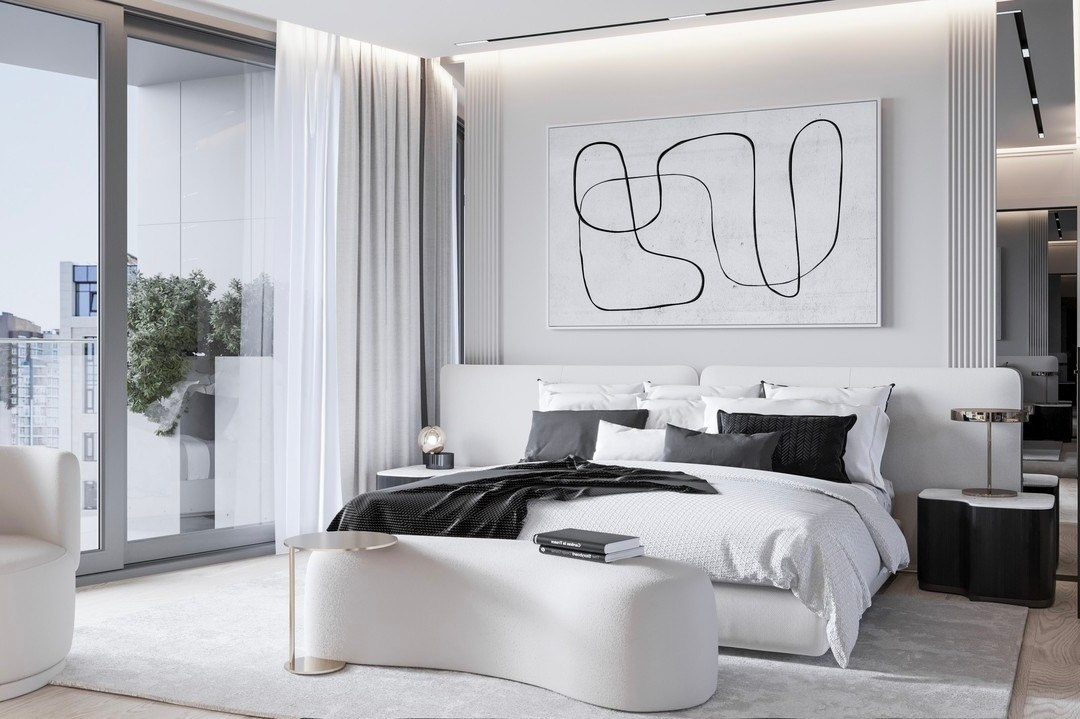 Спальня с панорамными окнами и нейтральной палитрой — проект Валерии Котович