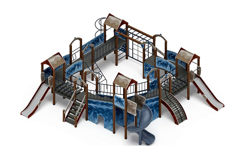 Остров детства (Алтай) - ДИК 2.01.8.02-14.И1 - Игровой комплекс H=1200 H=2000                                                                                              Габариты (ШхДхВ): 9560х9770х4000                                                                                                                                                                   Зона безопасности, мм: 13060х13270                                                                                                                                                                     Скат горки: H=1200 (металлический скат) / H=2000 (винтовой скат)