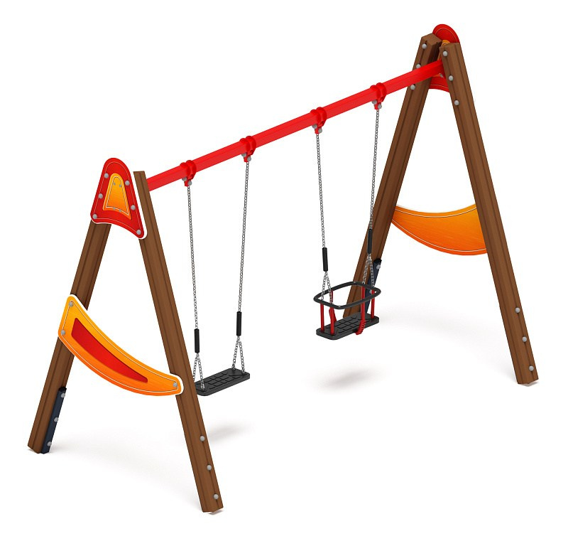 Качели двойные Д2 - ИО 12.Д.03.04.01-И1 - (Счастливое детство) Габариты (ШхДхВ): 3050x1600x2230 Зона безопасности, мм: 3050х6950 Возрастные ограничения от 3 лет, весом не более 70 кг