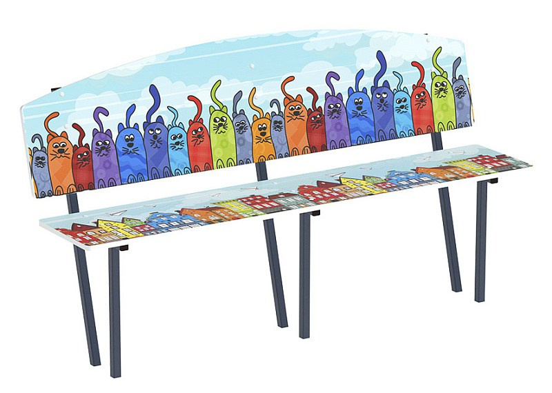 Скамейка детская Коты - МФ 41.01.01-02.И1 Габариты (ШхДхВ): 1840x480x1000 мм Зона безопасности, мм: 2840х1480 Возрастные ограничения от 3 лет 