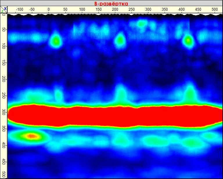 B-томограмма участка железобетонных конструкций стен, выполненных из армоопалубочных блоков с несъемной опалубкой из сталефибробетонных плит,толщиной 30 мм.