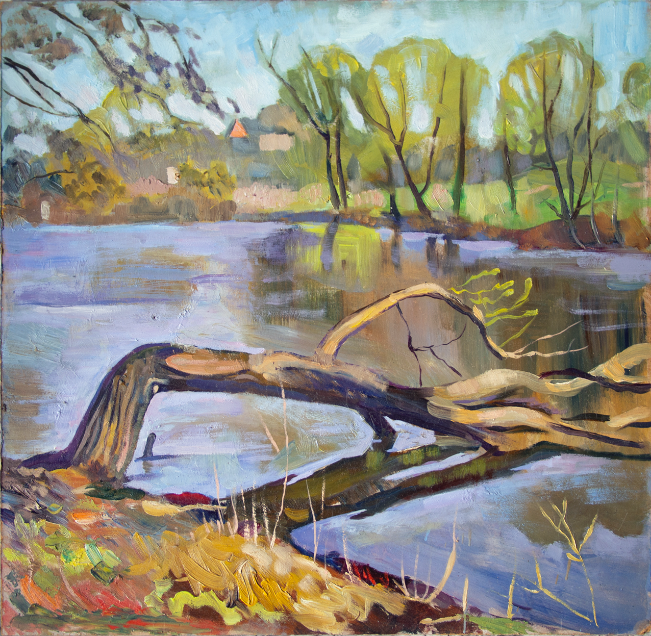 Поваленное дерево. Масло на оргалите. Размер 44 х 45 см, 2023 год.