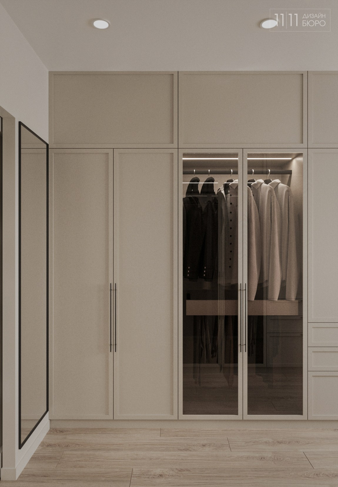 Шкафы с подсветкой в гардеробной комнате