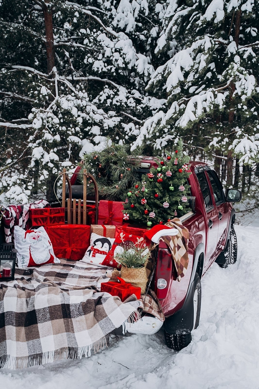 новогодняя выездная фото локация  для всей семьи в  Воронеже. красный пикап, в кузове  елки и подарки. в ночное  время  возле  пикапа гирлянды   и огоньки. яркая локация. 