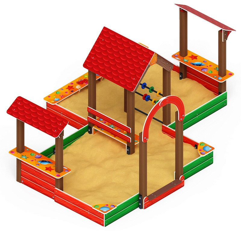 Песочный дворик двойной большой с навесом Домик (Ракушки) - ИО 6.01.03-01 Габариты (ШхДхВ): 3340x4530x2000 Зона безопасности, мм: 4340х5530