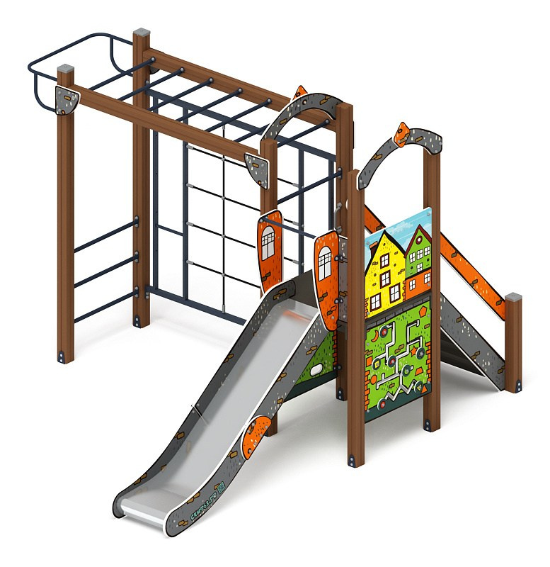 Играйте с нами (Город) - ДИК 2.01.1.05-01 - Игровой комплекс H=1200                                                                                          Габариты (ШхДхВ): 4080x3530x2800                                                                                                                                                                    Зона безопасности, мм: 7580х6530                                                                                                                                                                      Скат горки: H=1200 (металлический скат)                                                                                                                                           Возрастные ограничения от 5 до 12 лет