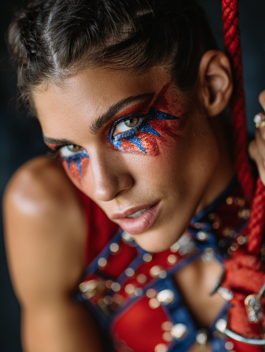 AI fashion портрет в цирковой эстетике, драматичный свет и золотой грим