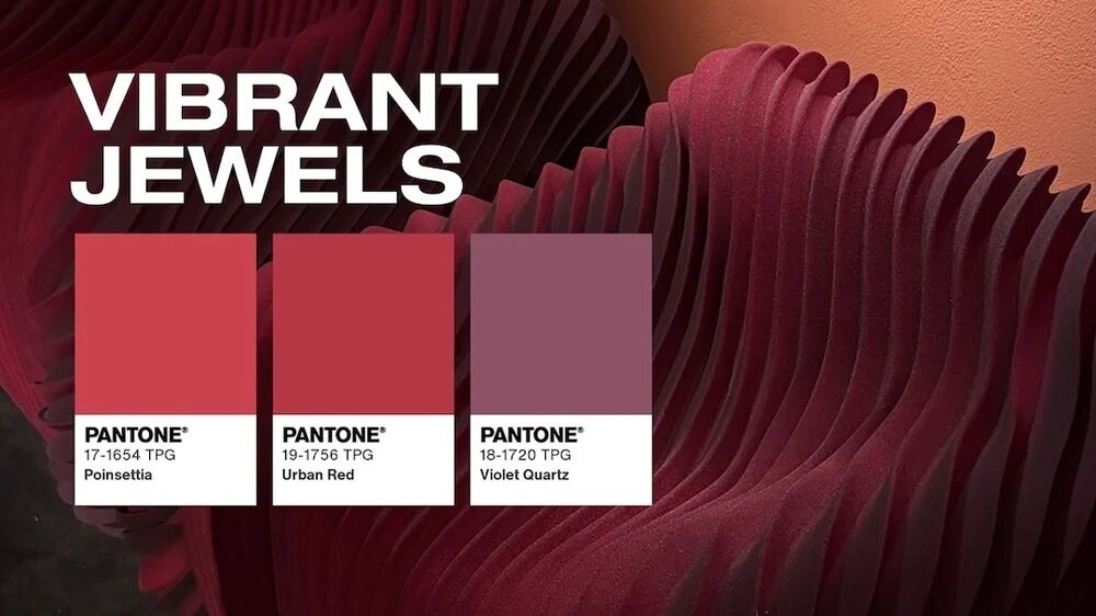 Vibrant Jewels - Poinsettia (17-1654 TPG), Urban Red (19-1756 TPG), Violet Quartz (18-1724 TPG).
