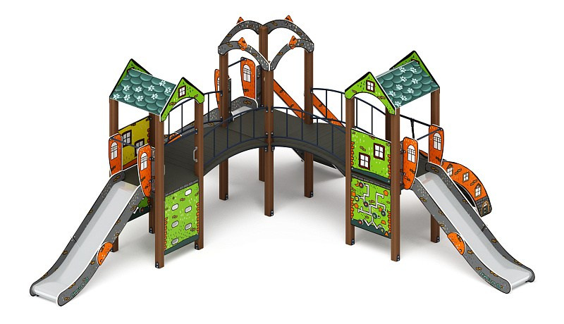 Городок (Город) - ДИК 2.01.3.03-31 - Игровой комплекс H=1200                                                                                                            Габариты (ШхДхВ): 6920x7700x3000                                                                                                                                                                     Зона безопасности, мм: 10420х11700                                                                                                                                                                                 Скат горки: H=1200 (металлический скат)