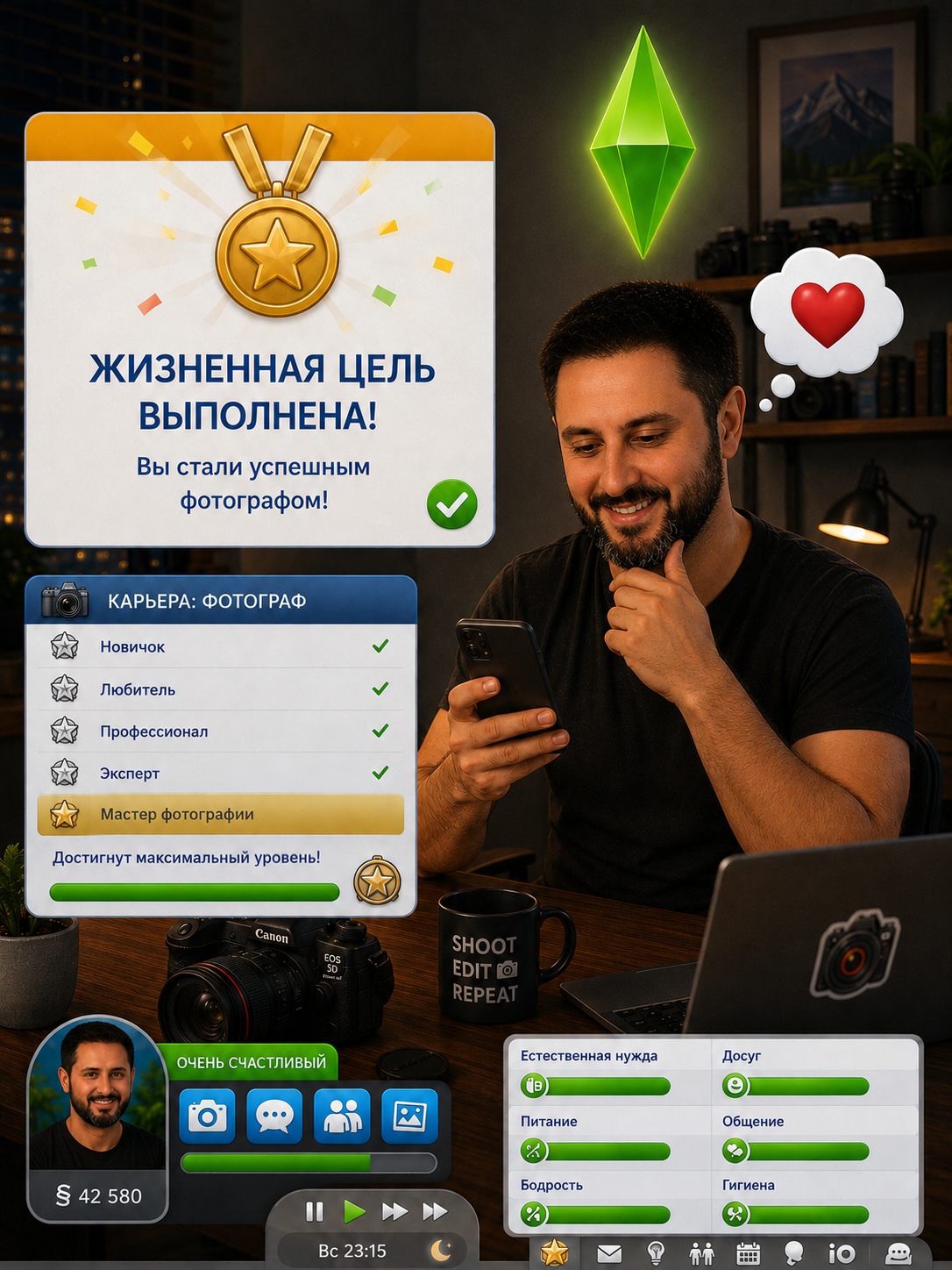 Персонаж достигает максимального уровня карьеры фотографа и выполняет жизненную цель в стиле The Sims.