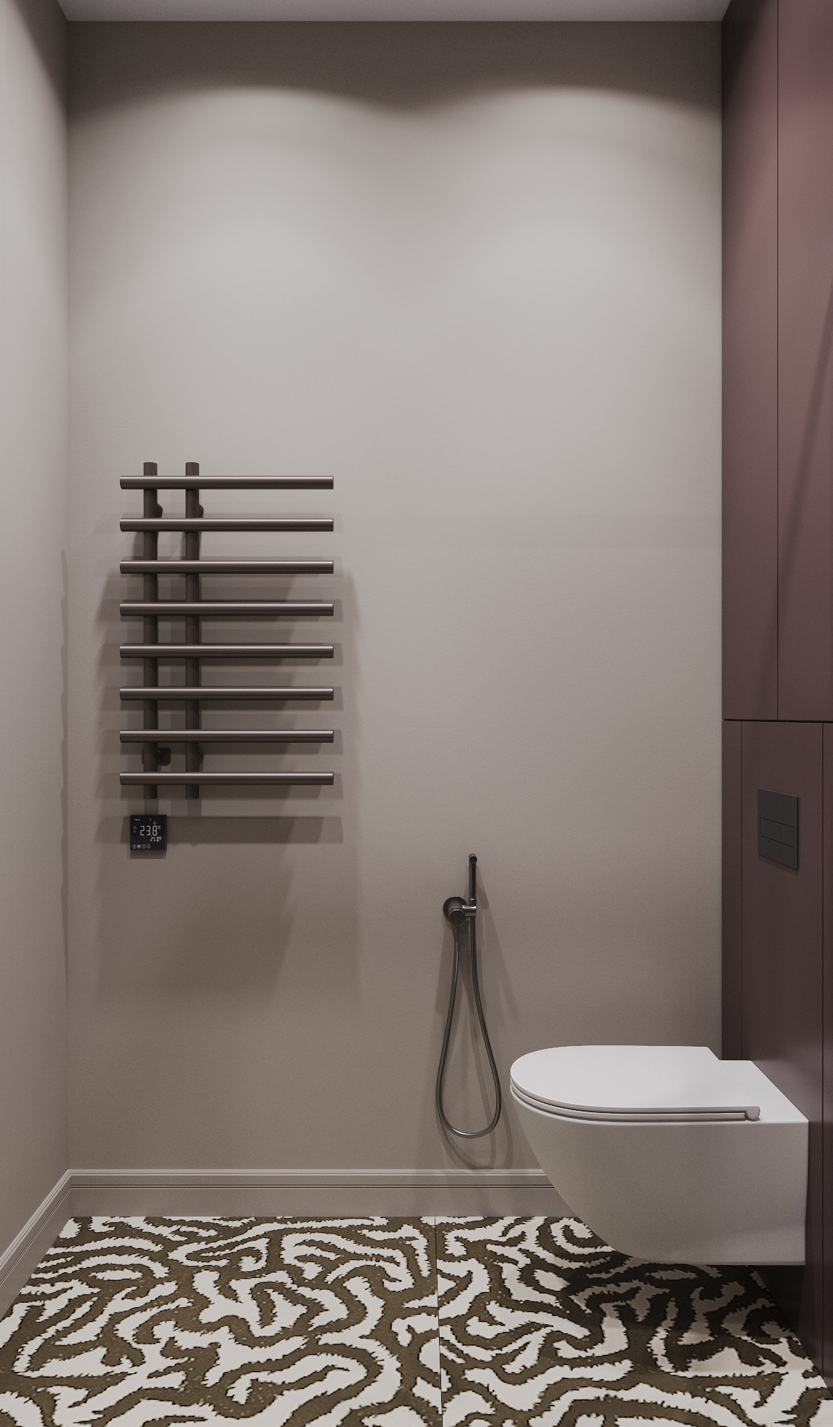 дизайн интерьера душевой комнаты с акцентной плиткой на полу, сантехника в цвете графит, сложные пурпурные тона