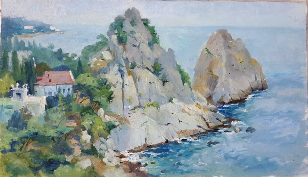 Пейзаж маслом морских скал Дива и Панея в городке Симеиз в Крыму