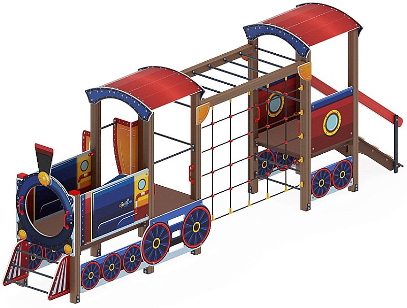 Паровозик (синий) - ДИК 1.03.5.03-01 - Игровой комплекс H=750                                                                                                                        Габариты (ШхДхВ): 6760x2320x2380                                                                                                                                                                     Зона безопасности, мм: 9760х5820                                                                                                                                                                         Скат горки: H=750 (металлический скат)