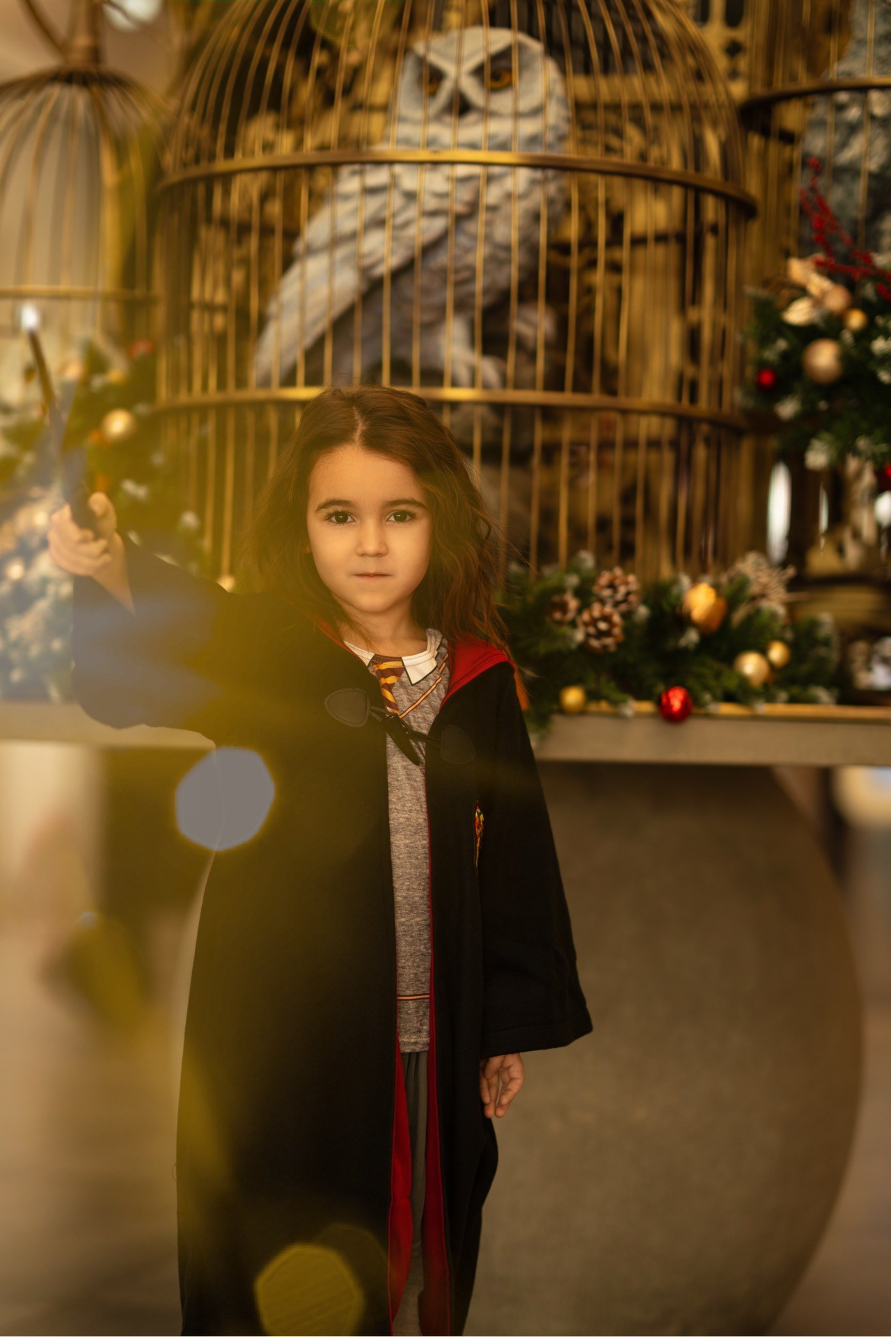 Девочка в костюме Гарри Поттера с волшебной палочкой в руке на фоне клетки с совой.