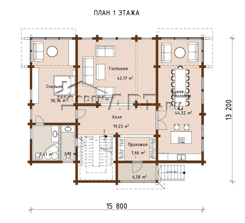 План 1 этажа деревянного дома "Раздолье" 372 кв.м.