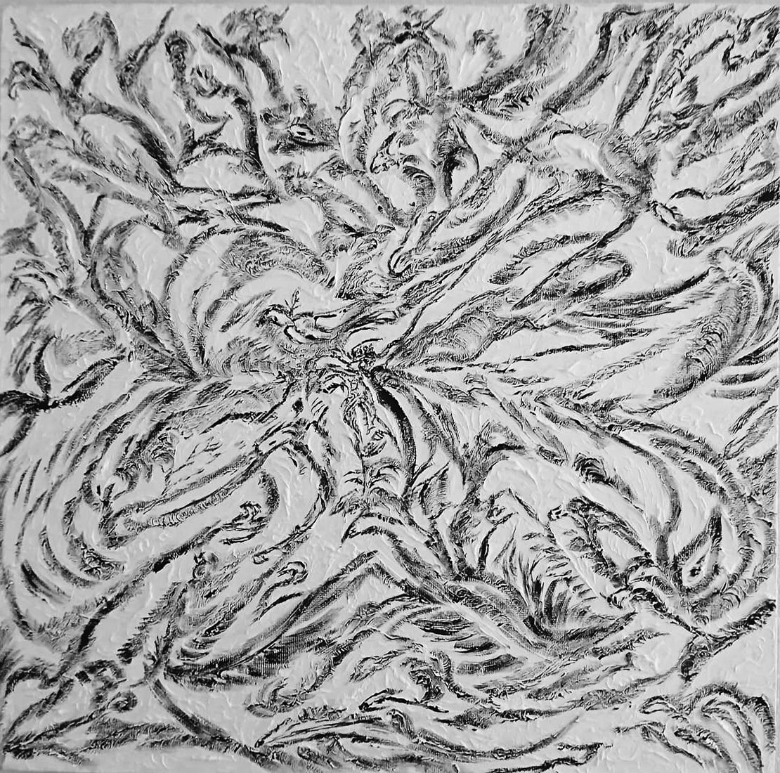 Абстракция. Один из уголков большого сада с цветами. Картина в черном и белом цвете в стиле импасто.