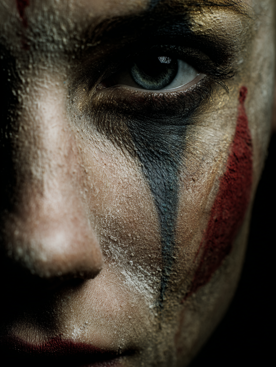 AI fashion портрет в цирковой эстетике, драматичный свет и золотой грим