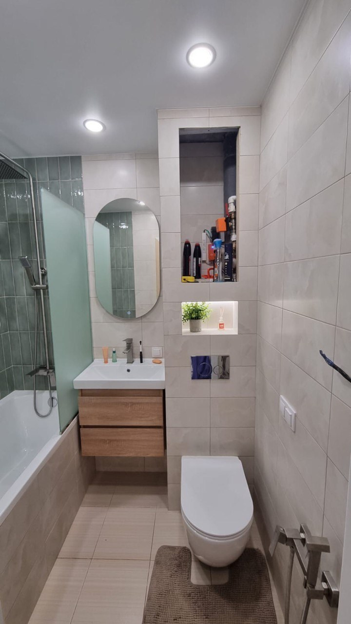 Ванная комната (ул. Нигматуллина д. 11/84). Ремонт санузла, туалета, ванной под ключ в Казани. Укладка плитки