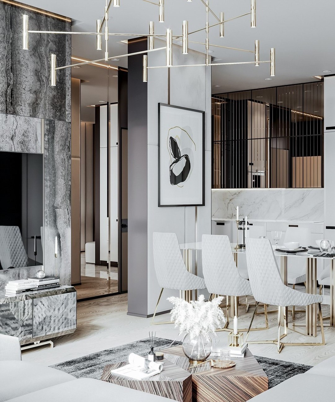 Гостиная в светлых тонах с мраморными стенами и современными люстрами | Валерия Котович
