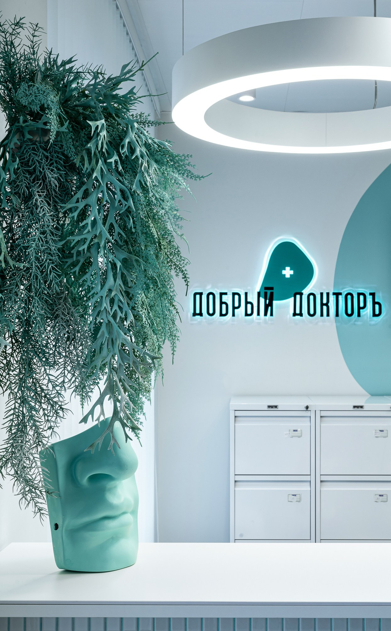 Надпись Добрый Доктор за синей маской и зеленью.