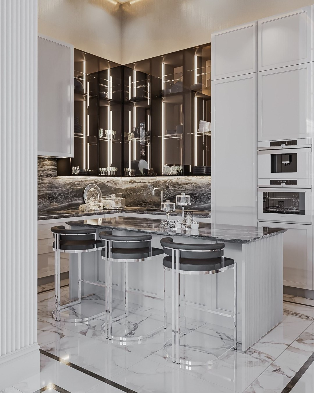 Современная кухня с подсветкой и мраморным фартуком — дизайн Валерии Котович